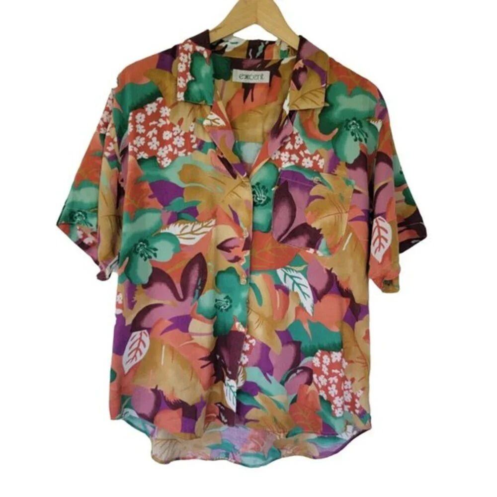 Vintage Floral Button Down Blouse Tan Multi Women Size M/L 80s Short Sleeve
